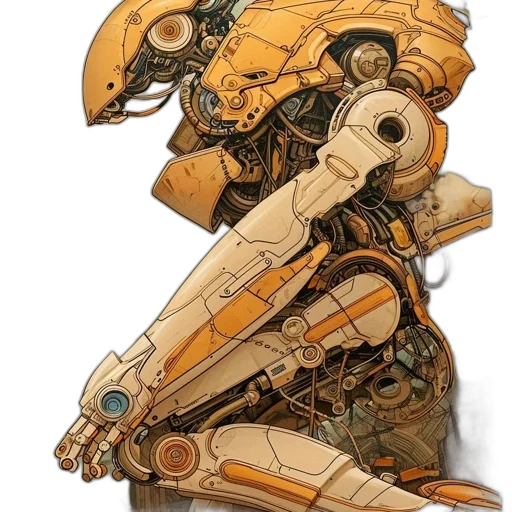 robot, weapon, mask, concept art, 3d render, fantasy art, photorealistic, golden transparent PNG cut-out
