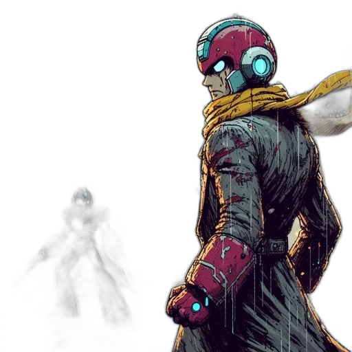 robot, mask, concept art, comic book art, cyberpunk, fantasy art, snow, dark transparent PNG cut-out