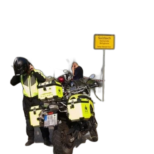 staff, robot, weapon, jacket, two, motorcyclists, neon, green transparent PNG cut-out