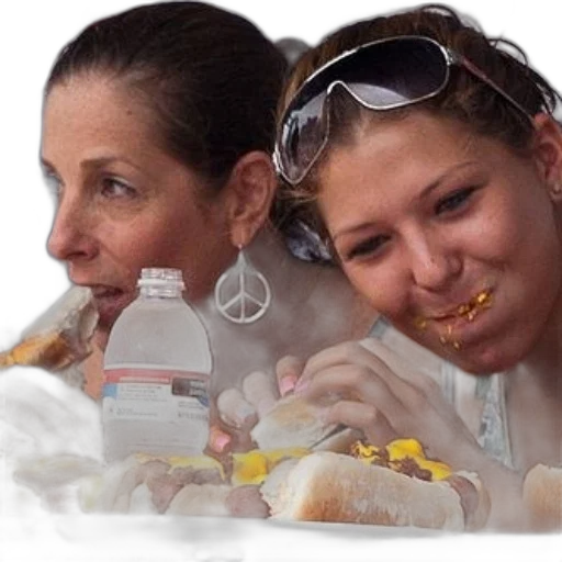food, photorealistic, two, women, enjoying, hot, dogs, mustard transparent PNG cut-out