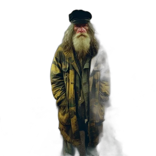 jacket, hat, staff, face, concept art, photorealistic, oil painting, fantasy art transparent PNG cut-out