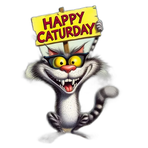 cartoon, animated, scene, features, oversized, smiling, cat, holding transparent PNG cut-out