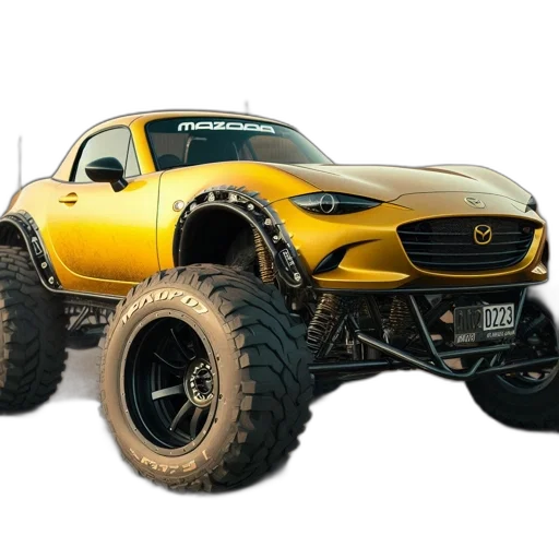 car, robot, 3d render, concept art, photorealistic, yellow, miata, off-road transparent PNG cut-out