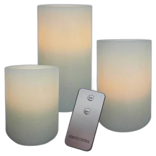 pastel, earth tones, three, cylindrical, candles, remote, control, featuring transparent PNG cut-out