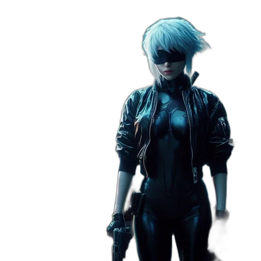 jacket, robot, weapon, mask, cyberpunk, concept art, comic book art, 3d render transparent PNG cut-out