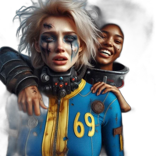 concept art, cyberpunk, comic book art, fantasy art, two, women, one, platinum transparent PNG cut-out