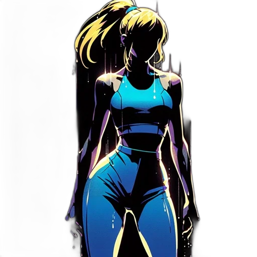 dress, jacket, comic book art, concept art, cyberpunk, cartoon, neon lights, blue transparent PNG cut-out