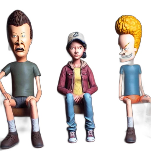 concept art, 3d render, cartoon, pixel art, three, animated, characters, sit transparent PNG cut-out