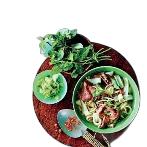 food, photorealistic, cookbook, cover, featuring, bowl, noodles, green transparent PNG cut-out