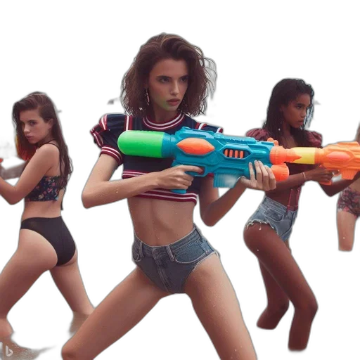 weapon, concept art, beach, three, young, women, hold, large transparent PNG cut-out