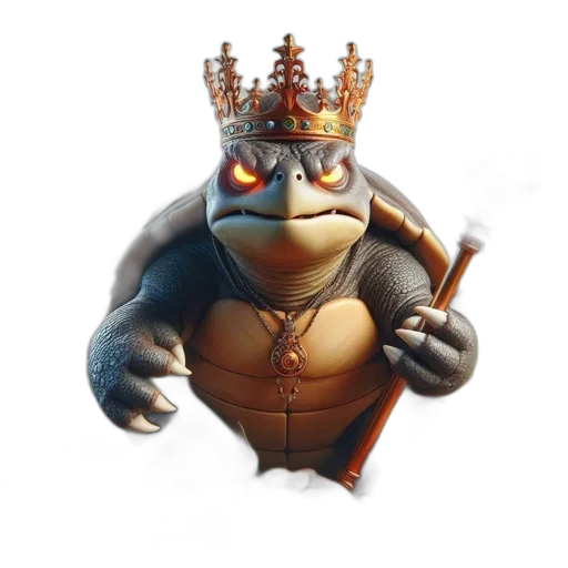 crown, staff, 3d render, concept art, fantasy art, photorealistic, royal-looking, turtle transparent PNG cut-out