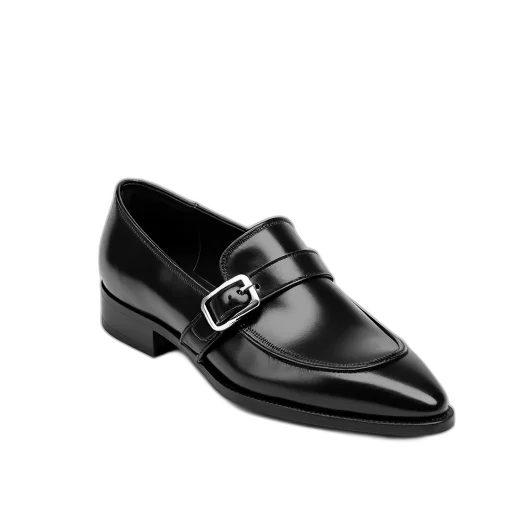 shoes, photorealistic, 3d render, black, leather, slip-on, shoe, pointed transparent PNG cut-out