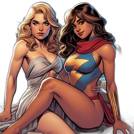 comic book art, concept art, two, female, superheroes, sit, beach, night transparent PNG cut-out