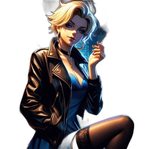 jacket, comic book art, concept art, cyberpunk, cartoon, neon lights, blue, female transparent PNG cut-out