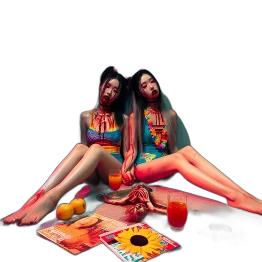 concept art, photorealistic, 3d render, neon, colorful, two, young, women transparent PNG cut-out