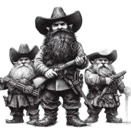 fantasy art, concept art, pencil sketch, comic book art, three, costumed, dwarves, resembling transparent PNG cut-out