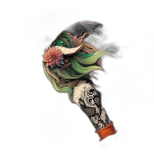 dragon, flower, mask, staff, fantasy art, concept art, watercolor, photorealistic transparent PNG cut-out