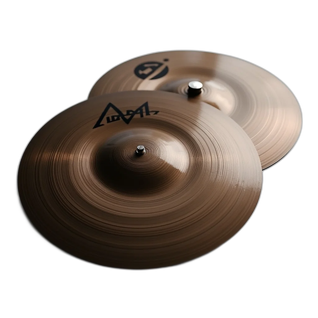 3d render, photorealistic, pair, cymbals, dark, brown, finish, logo transparent PNG cut-out