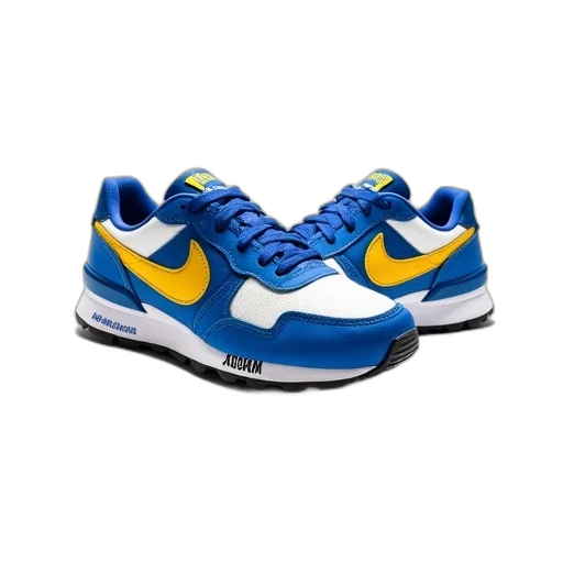 shoes, pair, blue, white, sneakers, yellow, stripe, side transparent PNG cut-out