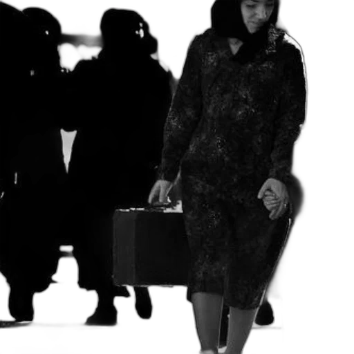 dress, jacket, staff, concept art, black, white, photo, woman transparent PNG cut-out