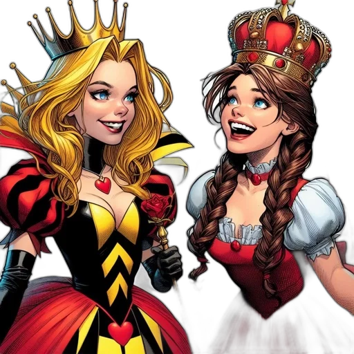 crown, comic book art, concept art, cartoon, fantasy art, two, animated, female transparent PNG cut-out