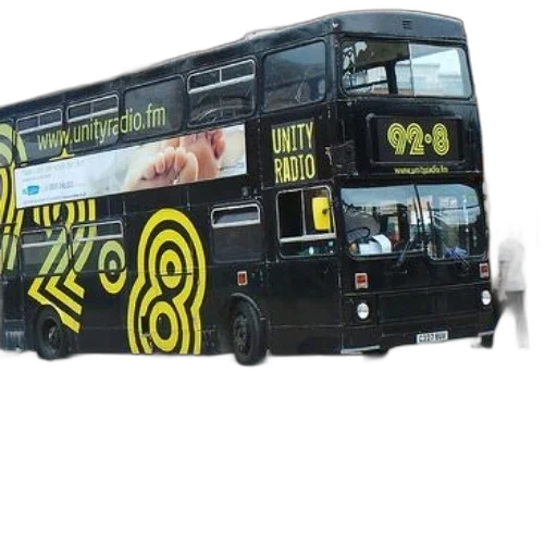concept art, photorealistic, black, double-decker, bus, unity, radio, branding transparent PNG cut-out