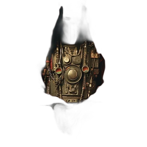 mask, robot, weapon, crown, concept art, fantasy art, 3d render, comic book art transparent PNG cut-out
