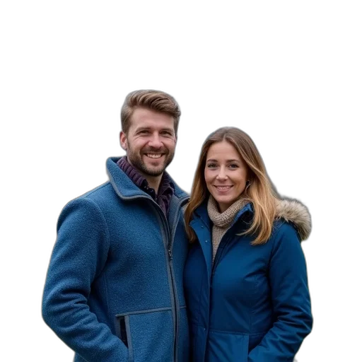 jacket, staff, umbrella, blue, man, woman, standing, next transparent PNG cut-out
