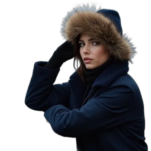 jacket, hat, photorealistic, snow, blue, woman, navy, fur transparent PNG cut-out
