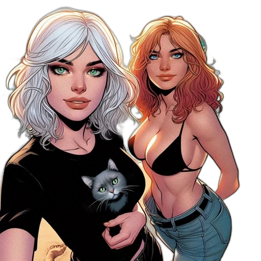 comic book art, concept art, two, animated, women, stand, sunset-lit, beach transparent PNG cut-out