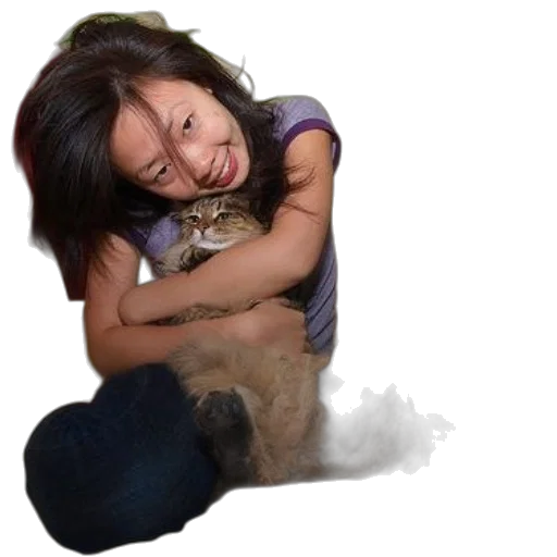 animal, creature, photorealistic, woman, cuddles, her, cat, bed transparent PNG cut-out