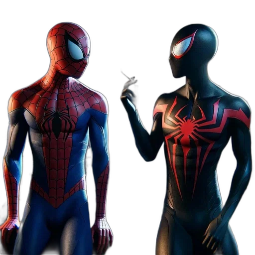 concept art, comic book art, 3d render, fantasy art, two, spider-man, characters, different transparent PNG cut-out