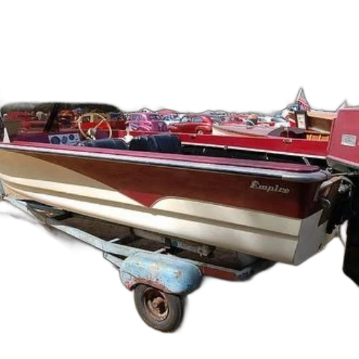 car, 3d render, vintage, wooden, boat, name, empire, displayed transparent PNG cut-out