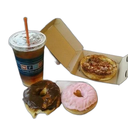 food, cup, iced, tea, pizza, two, donuts, sit transparent PNG cut-out