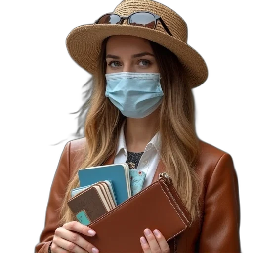 mask, hat, jacket, woman, wearing, holding, wallet, full transparent PNG cut-out