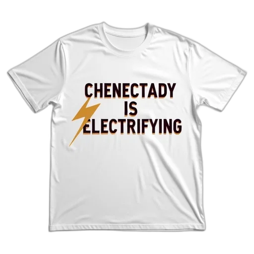 white, t-shirt, text, chenectady, electrifying, stylized, font, lightning transparent PNG cut-out