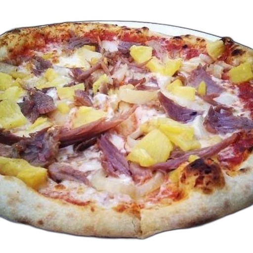 food, 3d render, photorealistic, delicious-looking, pizza, ham, pineapple, toppings transparent PNG cut-out