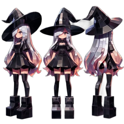 hat, dress, staff, concept art, 3d render, pixel art, fantasy art, monochrome transparent PNG cut-out