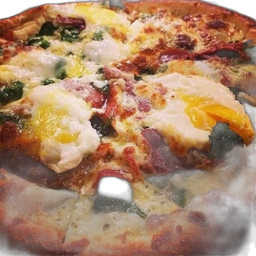 food, 3d render, photorealistic, pizza, eggs, cheese, spinach, top transparent PNG cut-out