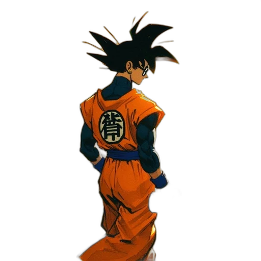 jacket, staff, concept art, pixel art, anime, 3d render, dark, goku transparent PNG cut-out