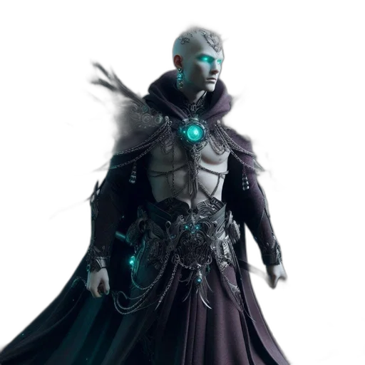 mask, robot, staff, concept art, cyberpunk, fantasy art, 3d render, dark transparent PNG cut-out