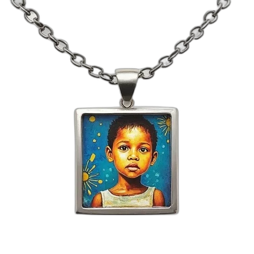 jewelry, photorealistic, oil painting, silver, necklace, square, pendant, featuring transparent PNG cut-out