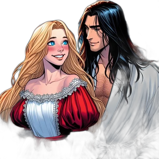 comic book art, fantasy art, concept art, watercolor, snow, intimate, moment, between transparent PNG cut-out