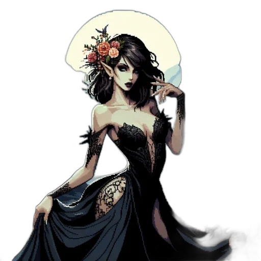 dress, crown, flower, jewelry, fantasy art, concept art, comic book art, pixel art transparent PNG cut-out