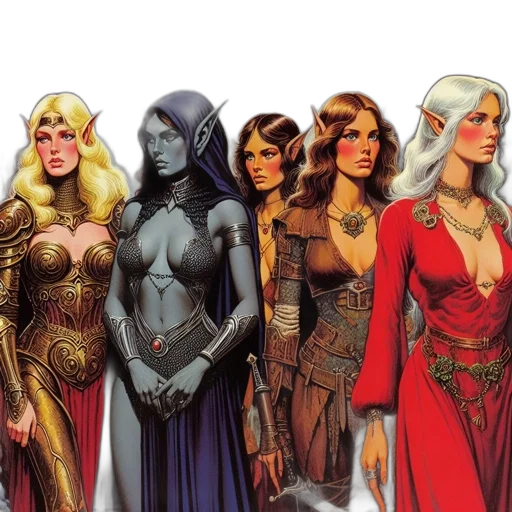 comic book art, concept art, fantasy art, five, diverse, female, characters, gather transparent PNG cut-out