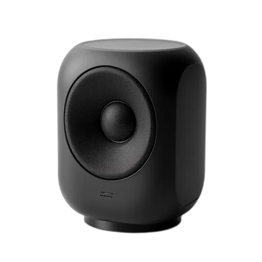 3d render, black, wireless, speaker, circular, grille, base, displayed transparent PNG cut-out