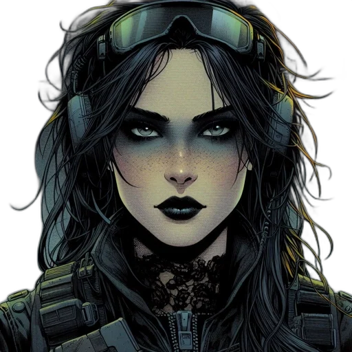 comic book art, concept art, cyberpunk, cartoon, dark, green, female, character transparent PNG cut-out