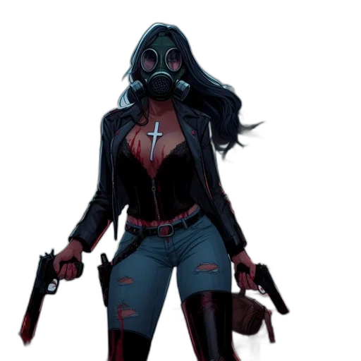 jacket, mask, weapon, concept art, comic book art, pixel art, cyberpunk, dark transparent PNG cut-out