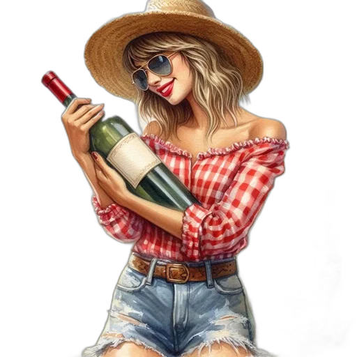 bottle, hat, photorealistic, oil painting, watercolor, cartoon, red, woman transparent PNG cut-out