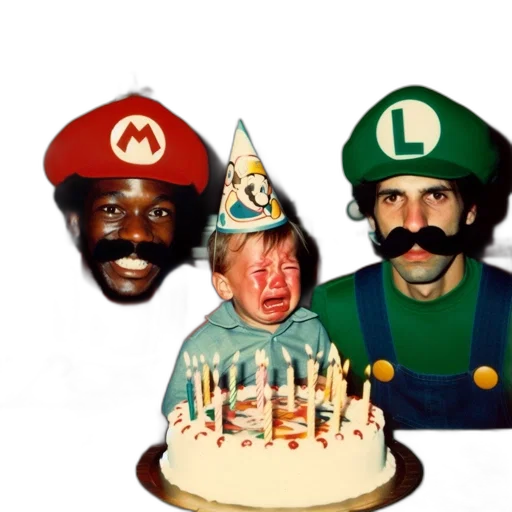 hat, young, child, birthday, cake, sits, between, mario transparent PNG cut-out
